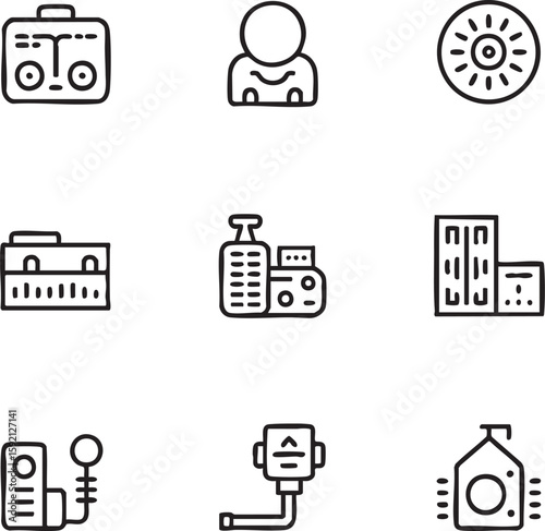 Camera equipment and accessories vector icon set hand drawn doodle style vintage boombox,sound recording equipment,light meter,exposure meter,film development tank,camera,film editing,and more