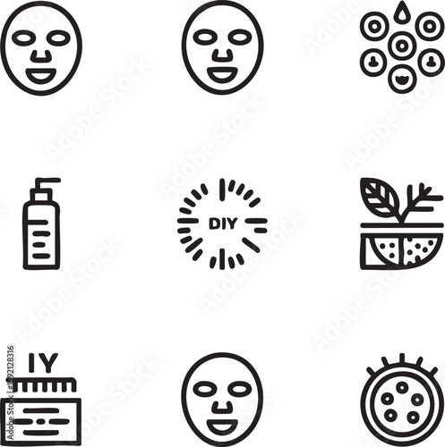 Diy skincare vector icon set outline icons,adjustable line weight,editable stroke face mask,serum bottle,face scrub,organic ingredient,cream,diy,natural skincare,essential oil