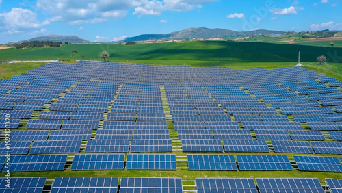 Rows of solar panels on a green meadow in Greece.