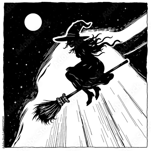 halloween witch silhouette flying on broomstick across night sky with moon and stars in vintage style