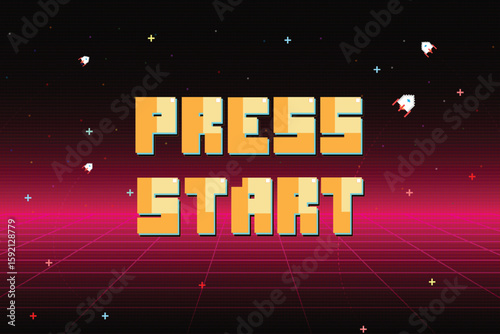 PRESS START. pixel art. 8 bit game. retro game. for game assets .Retro Futurism Sci-Fi Background. glowing neon grid. and stars from vintage arcade computer games