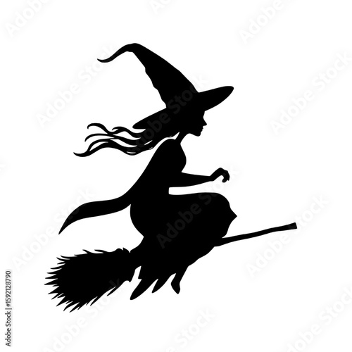 silhouette of witch flying on broomstick with cape on transparent background for halloween design
