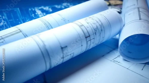 Rolled blueprints with building plans lie on a blue surface, showcasing architectural designs. Focused on rolls, background subtle