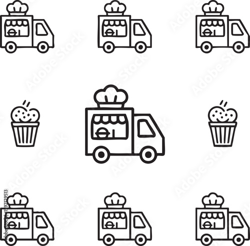 Food truck and dessert vector icon set outline style bakery,chef hat,cupcake,restaurant,editable stroke,mobile food,catering,fast food,dessert,food vendor
