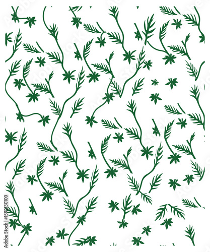 A whimsical pattern of green vines and leaves on a white background, featuring scattered floral designs and intricate foliage, seamless print design.