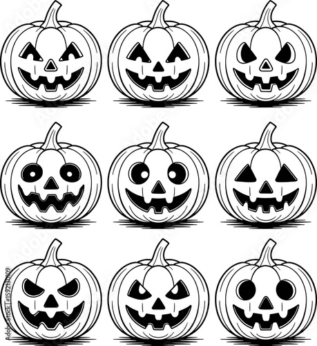 Collection of carved pumpkins with various spooky faces halloween jackolantern