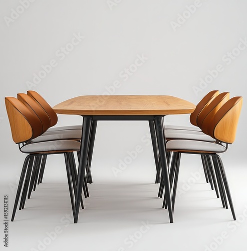 Modern wooden dining table with elegant black chairs in a minimalist setting for contemporary home decor