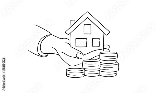 Business human hand hold coin and house, continious line drawing, digital marketing outline. Vector illustration