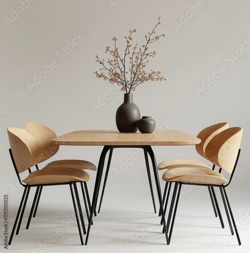 Modern Minimalist Dining Table Setup with Stylish Chairs and Decorative Floral Arrangement in Neutral Tones