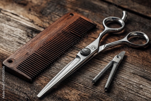 Closeup of comb scissors tool on rustic wood