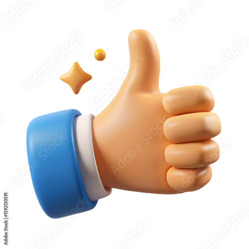 3d cartoon thumbs up gesture with sparkles and a yellow ball isolated on transparent background