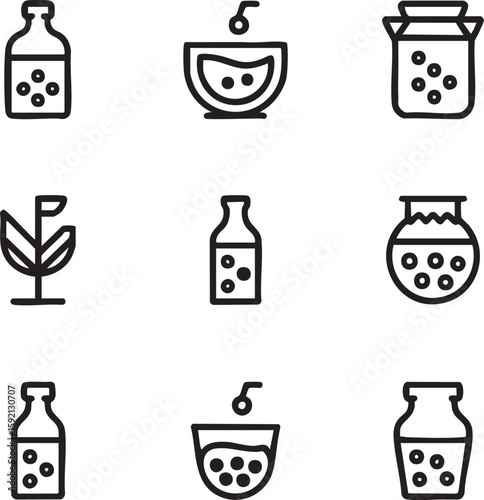Kombucha tea vector icon set line style,editable stroke fermented drink,bottle,jar,glass,straw,healthy,organic,probiotic,beverage,homemade,brewing,plant