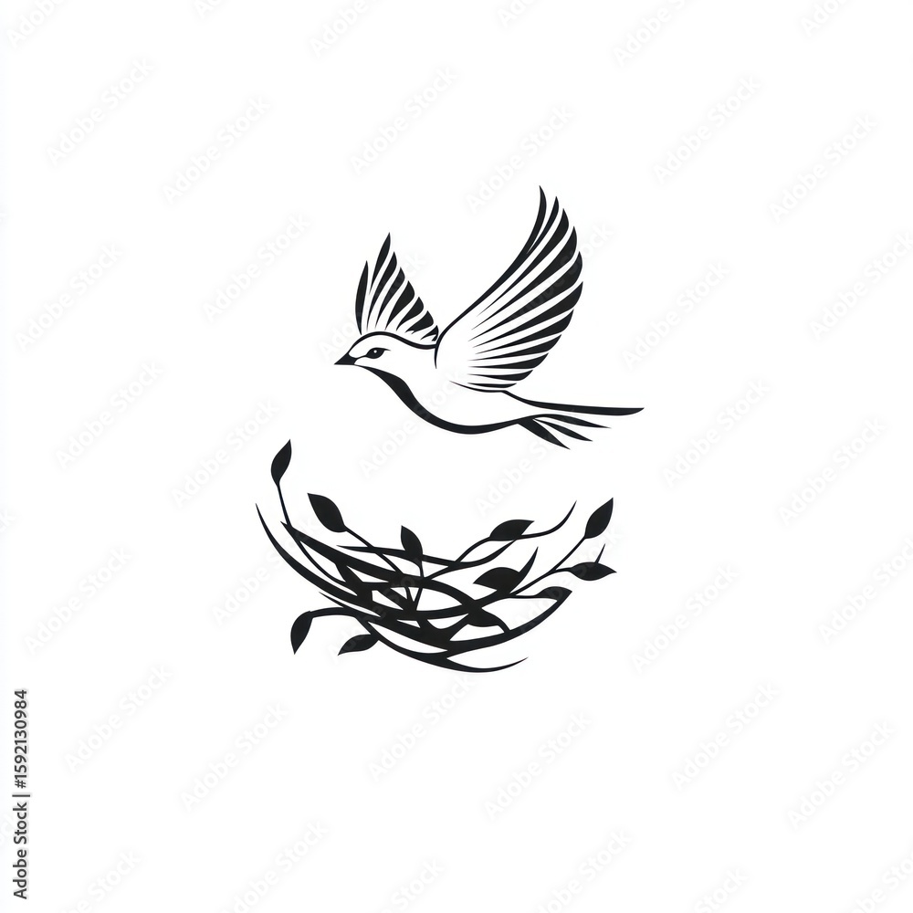 Obraz premium Simple black and white bird in flight above a nest