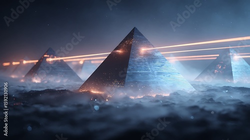 Futuristic pyramids glowing with light in a misty sci fi landscape