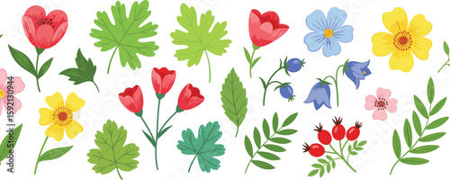 Flower crayon watercolor spring floral set. Hand drawn pastel crayon flower, leaf, plant with chalk texture. 