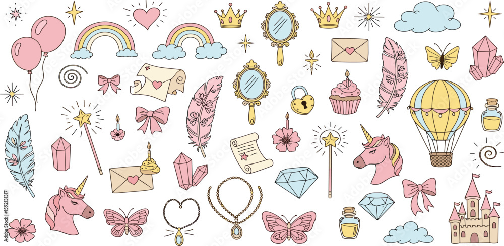 Hand drawn princess doodle set. Beauty cute girl princess accessories, fairy unicorn, castle. Doodle background. Hand drawn princess doodle set. Beauty cute girl princess accessories, fairy unicorn, castle. Doodle background.