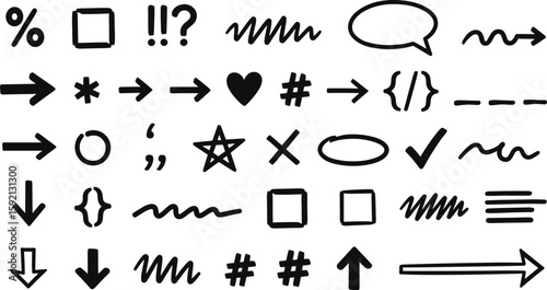 Hand drawn line chalk brush stroke arrow icon set. Chalk crayon underline, check mark, scribble and texture in rough hand sketch style. Drawn heart, frame, star design shapes.