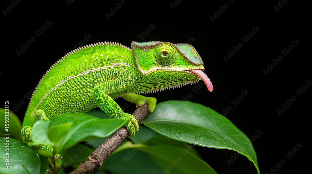 Fototapeta premium Chameleon on branch with vibrant green colors and natural environment closeup