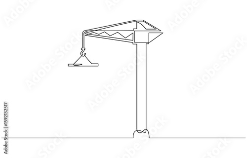 Tower crane one line continuous line. Outline line art tower crane. Hand drawn vector art, Continuous one line drawing of construction, industrial machinery line illustration