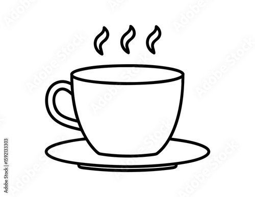 Hot coffee cup line drawing, minimalist style, simple black outline, steam rising, modern beverage sketch, perfect for cafe or menu designs.