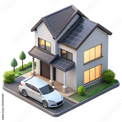 Modern eco friendly house with solar panels and a sleek electric car isolated on transparent background
