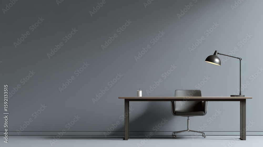 Fototapeta premium Desk with Lamp and Chair Against Gray Wall