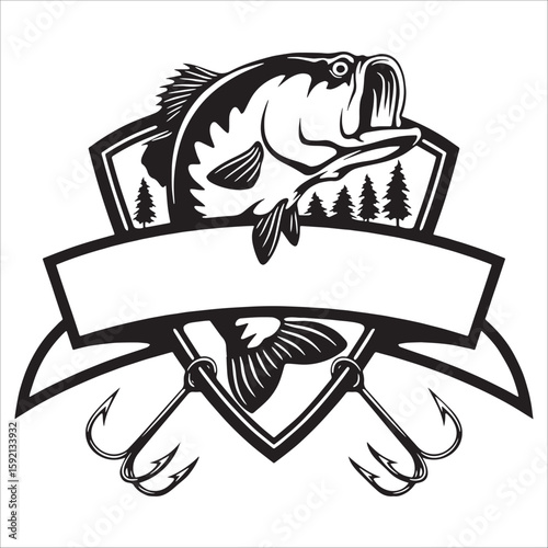 Bass Fishing Emblem with Hooks and Forest Landscape