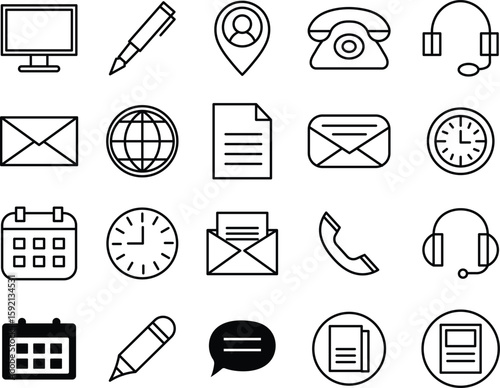Simple and effective line art icon set representing business communication and office related elements