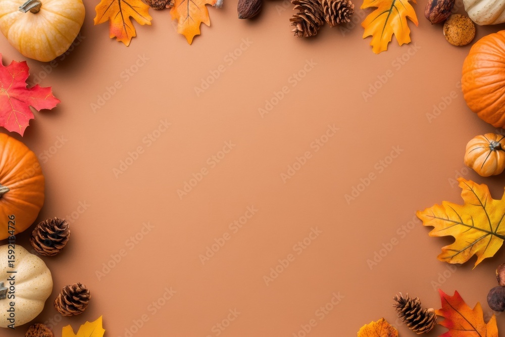 Fototapeta premium Autumn Harvest: An overhead shot captures the essence of autumn, with vibrant pumpkins, leaves, and pinecones artfully arranged, creating a warm and inviting border around empty space. 