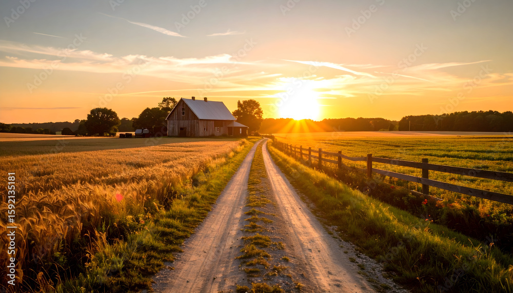 Naklejka premium Rustic Farmhouse on Dirt Road at Sunset