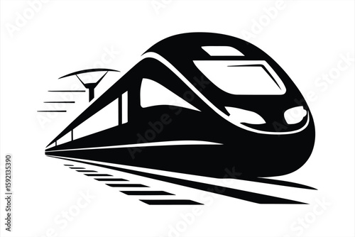 Sleek black silhouette of a modern high speed train on tracks