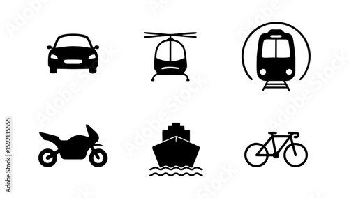 Vehicle, Air, Railway, Bike, Motorcycle Transport Silhouette Icon Set. Car, Bus, Tram, Train, Metro, Plane 