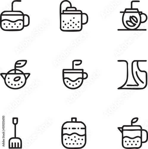 Tea and coffee vector icon set minimalist style editable stroke teapot,cup,mug,coffee beans,strainer,infuser,tea leaf,hot beverage icon set
