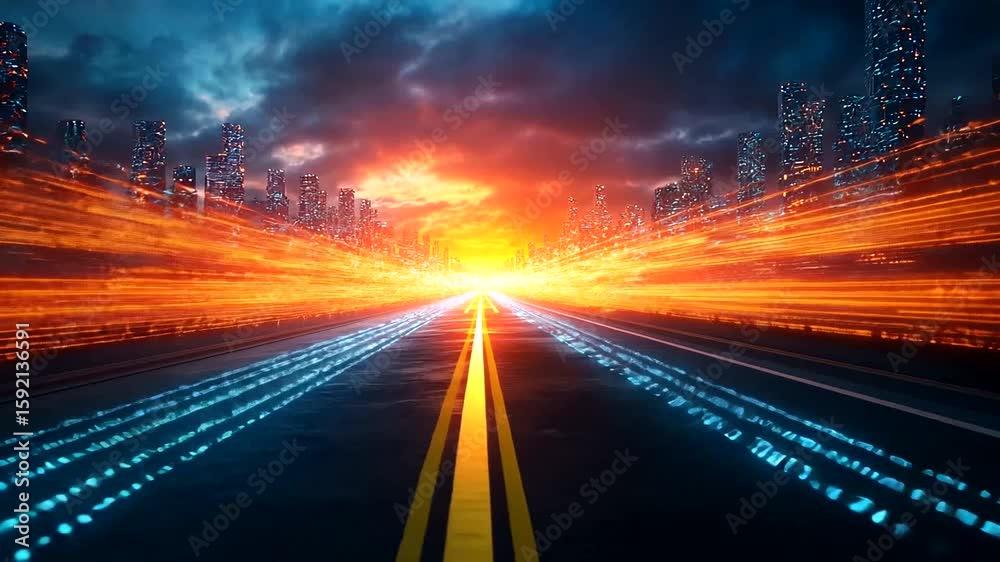 Futuristic Cityscape with Light Streaks and Highway at Sunset digital background
