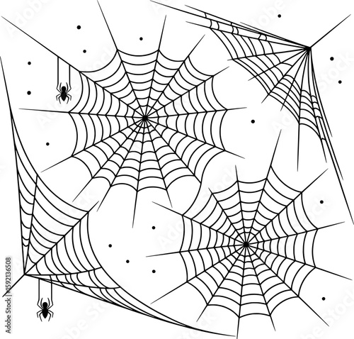 Spiders hanging from intricate webs with scattered dots vector