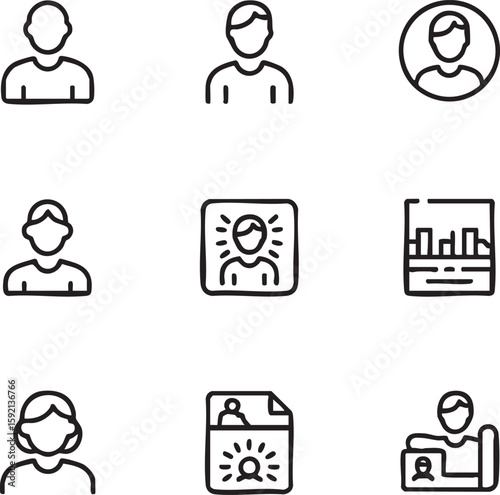 User profile vector icon set outline style account,personal data,avatar,headshot,cv,employment stats,manager,job applicant,staff,employee icon set