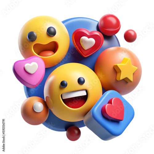 Joyful 3d emoticon collection with hearts and stars isolated on transparent background