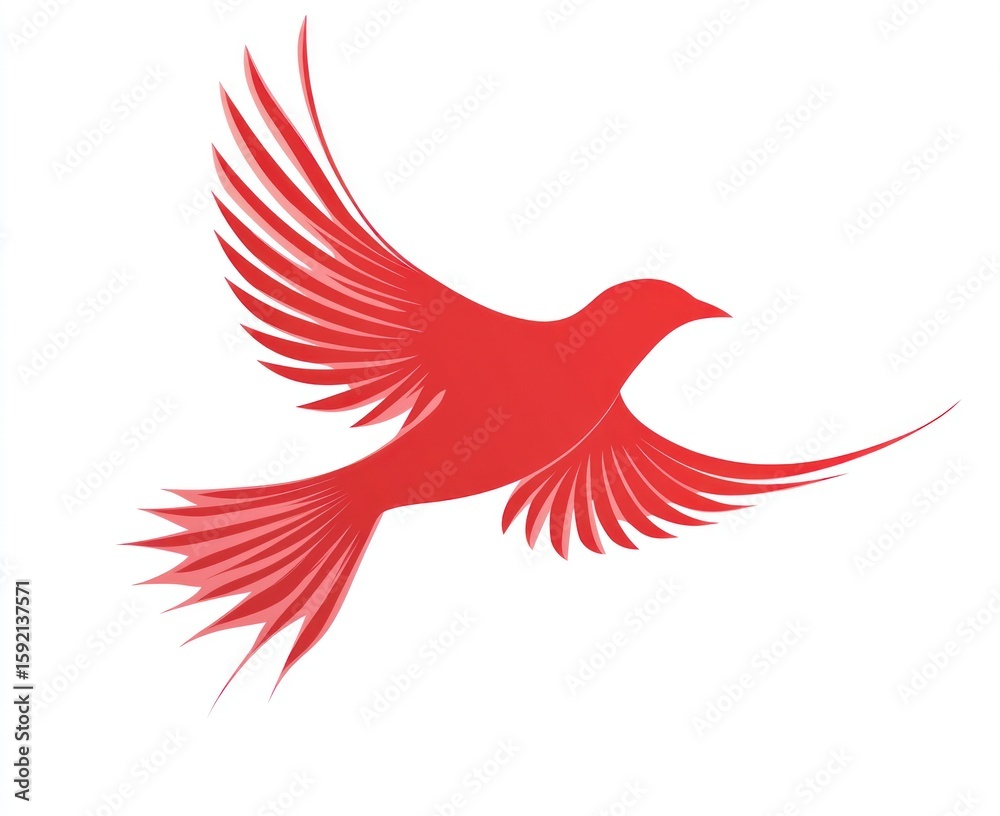 Obraz premium Red bird in flight against white background. Stylized design