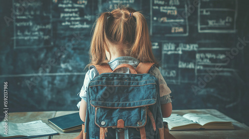 A child’s school backpack merged with test scores and standardized exams, symbolizing educational pressure.