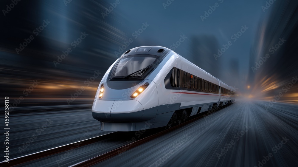 Obraz premium Futuristic Data Train Racing Through Digital Landscape Urban Setting Motion Blur Technology Concept
