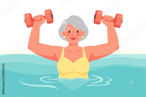 Senior Woman Engaging in Water Aerobics with Dumbbells for Fitness and Healthy Aging Activities