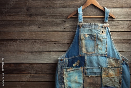 Vintage Denim Overalls Hanging on Wooden Background for Rustic Theme