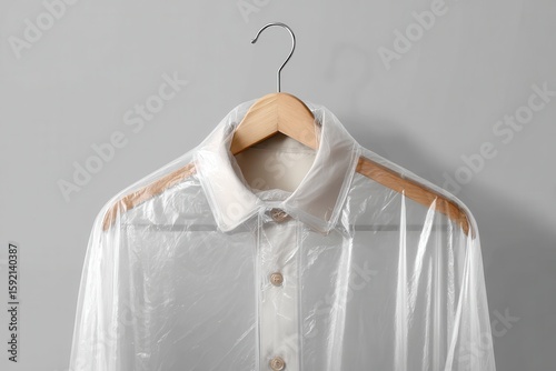 White Shirt on Hanger Covered with Transparent Plastic Bag