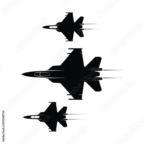 Three fighter jets flying in formation against a white background