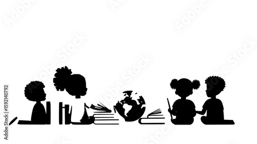 Children reading books and learning together silhouette vector illustration for education and school projects vector