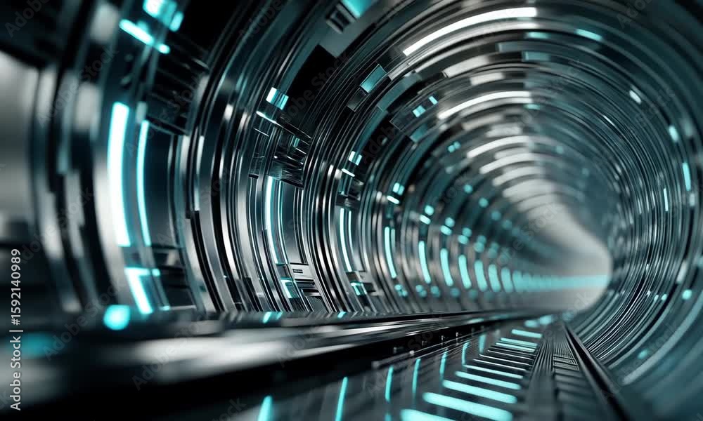 Futuristic metallic tunnel with glowing blue light and circular rings creating sleek sci fi technology corridor effect
