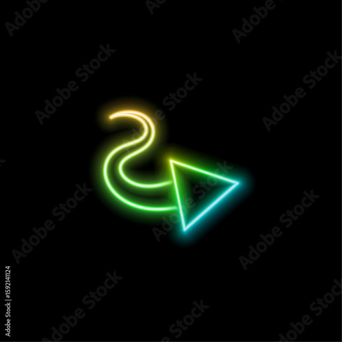3D rendering of glowing neon arrows on a black background. Flashing direction indicators. Futuristic laser background