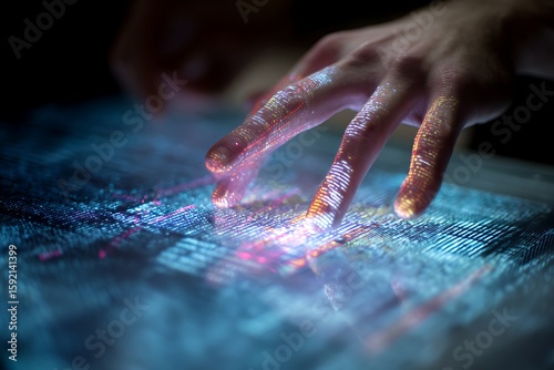 Hand Interacting with Futuristic Interface Displaying Circuit Board Design with Data and Light Effects