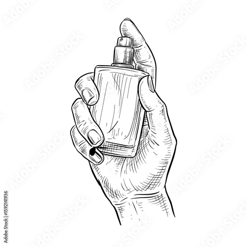 hand holding perfume bottle vector line art hand drawn illustration