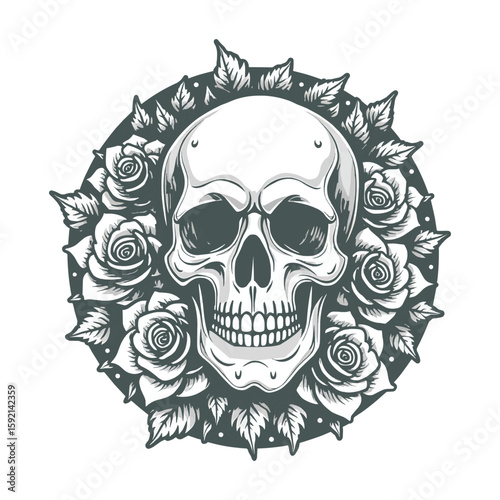 Classic Skull and Roses  Monochrome Tattoo-Inspired T-Shirt Art fit for all color background